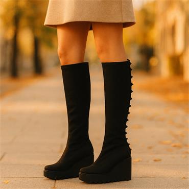 Marco Moreo Liege Studed Knee High Wedge - Black Stretch